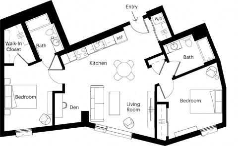 a floor plan of a house with bedrooms and baths and a living room and kitchen